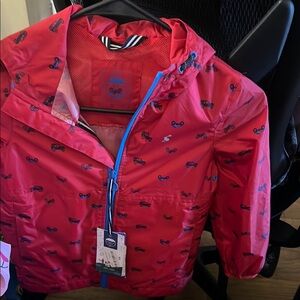 Red Hooded RainJacket with Car Print